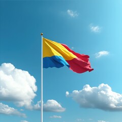 A colorful flag waving high atop a metallic flagpole in the sky