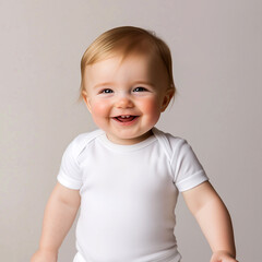 Naklejka premium A happy baby wearing a white short-sleeved bodysuit, standing and smiling at the camera, against a plain background