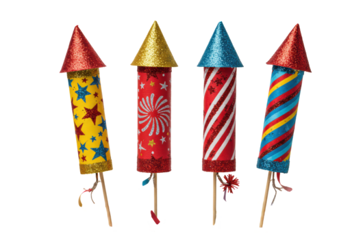 Isolated Set of Brightly Colored Toy Rocket Fireworks, Holiday Fun