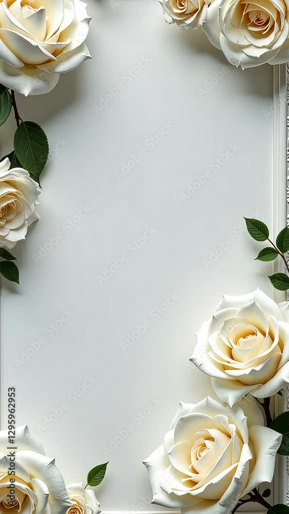 Poster a white frame with a white background and a beautiful arrangement of white roses. the roses are scat