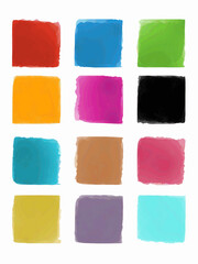 Twelve colorful abstract watercolor square labels