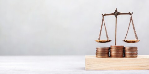 financial benefits budget optimization concept. Balance scale with coins on a wooden base, symbolizing finance and justice.