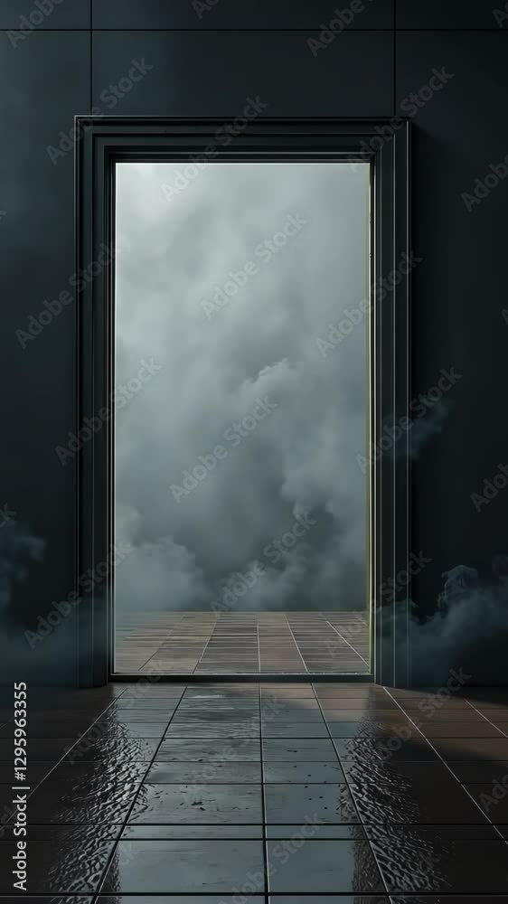 Poster a door is open in a room with a lot of smoke. the door is wide open and the smoke is coming out of i