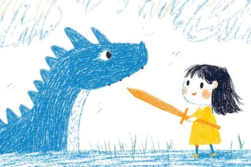 Childlike drawing of a girl with a yellow dress and orange sword facing a friendly blue crayon textured dragon. Light pastel colors dominate the