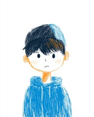 Illustration of a young person with a serious expression, wearing a blue hoodie and a two toned hat. The style is simplistic and childlike
