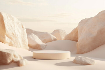 Fototapeta premium A minimalist and modern podium for product display, set against the backdrop of sand dunes and rocks in the desert