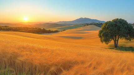 Fototapeta premium A stunning landscape unfolds as the sun rises, casting golden hues over vast wheat fields. A solitary tree stands proudly amidst the gentle hills