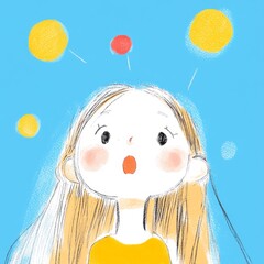 Surprised girl with long blonde hair, wearing a yellow top, against a light blue background with yellow and red circles. A whimsical, childlike