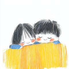 Illustration of a young couple embracing, soft pastel colors, simple line art style, heartwarming feeling