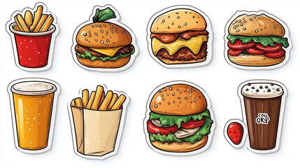 Tempting representation of various fast food delights including juicy burgers, crispy fries, and refreshing beverages, ideal for a laid-back dining experience with friends