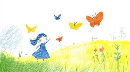 A young girl in a blue dress watches colorful butterflies flutter above a yellow field. The illustration is done in a crayon like style