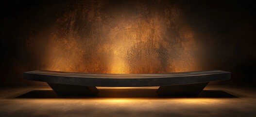 Elegant Dark Curved Bench With Dramatic Lighting Against Textured Golden Wall In Modern Interior