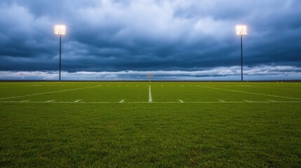 Lush Green Football Field Under Dramatic Cloudy Sky at Dusk
