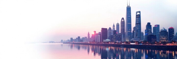 Obraz premium Futuristic cityscape at dusk with sleek skyscrapers and neon lights against a white background, urban landscape, neon lights, city night
