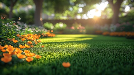 Sunny garden flowers, butterflies, forest background