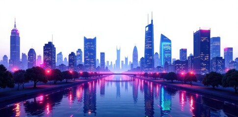 Naklejka premium Futuristic cityscape at night with neon lights reflecting off a white background, futuristic cityscape, glowing streets, modern architecture