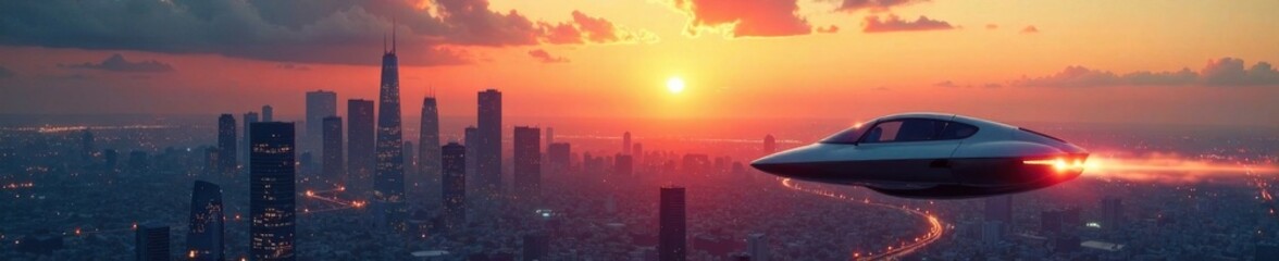 Futuristic cityscape at sunset with sleek skyscrapers and flying cars moving swiftly through the air, cityscape, speed, movement