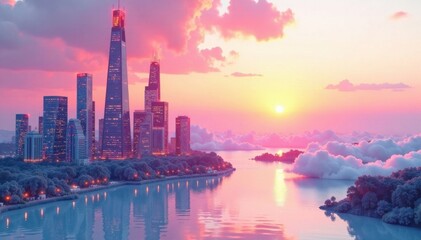 Fototapeta premium Futuristic cityscape at sunset over a white futuristic background, skyscrapers, technology, cityscape