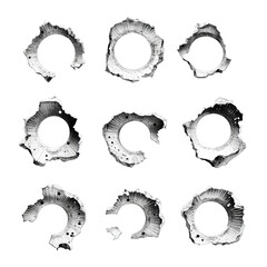Collection set of metal bullet holes isolated on a transparent background