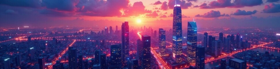 Fototapeta premium Futuristic cityscape with glowing neon lights and towering skyscrapers at dusk, artificial intelligence , modernity, futuristic cityscape