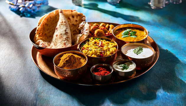 Indian Thaali (Thali), Indian food set on the table in beautiful light 