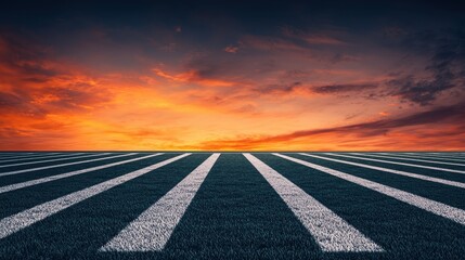 Fototapeta premium Vibrant Sunset Over a Scenic Field with Striped Grass Patterns