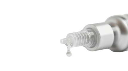 Cosmetic serum dripping from dropper bottle on transparent background