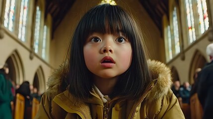 Fototapeta premium Young Child in a Church Filled with Awe and Wonder While Observing the Congregation