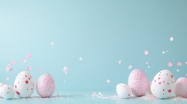 Sparkling confetti, pink and white Easter eggs adorned with festive decorations against a light blue background, perfect for holiday greeting cards, spring themes, and isolated product displays.