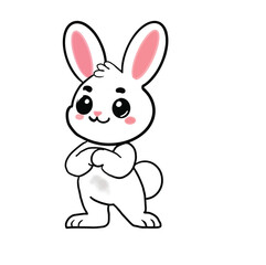 Adorable white Easter bunny with pink ears and rosy cheeks in a playful pose. Cute cartoon illustration on a transparent background, perfect for holiday designs, kids' themes, and greeting cards.