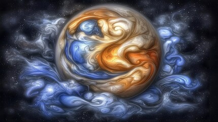 Abstract Representation of Earth Surrounded by Colorful Cosmic Swirls and Energetic Waves
