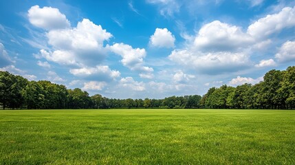 Lush Green Field Under Bright Blue Sky with Fluffy White Clouds