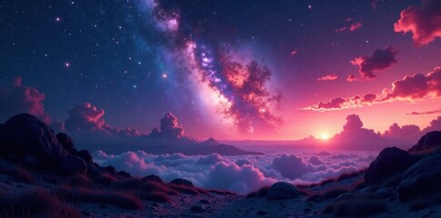 Naklejka premium Galaxy vista at dusk with vibrant stars and swirling dust, vastness, space, stars