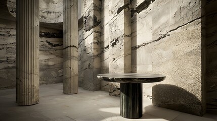 Minimalistic Interior Space Featuring Textured Columns and Round Stone Table Under Soft Natural Light