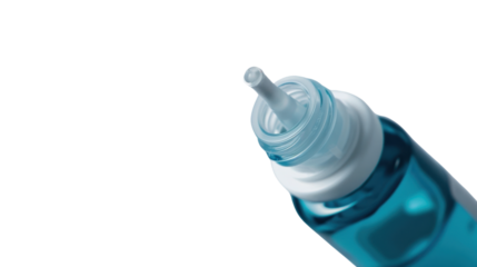 Nasal spray bottle containing blue medicine on transparent background