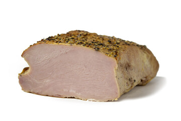 Appetizing baked sliced meat isolated on white background close-up