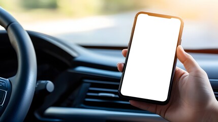 Hand Holding Blank Smartphone Inside a Modern Vehicle Interior with Natural Light
