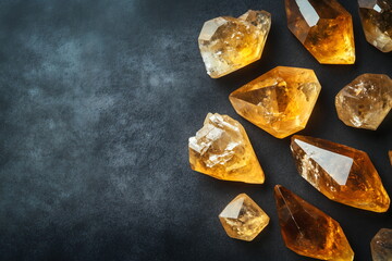 Citrine crystals on a dark grey table at the daylight moody aesthetic. Healing gemstone for wellness energy cleansing ritual. Cozy delicate dark tones spiritual background with copy space.