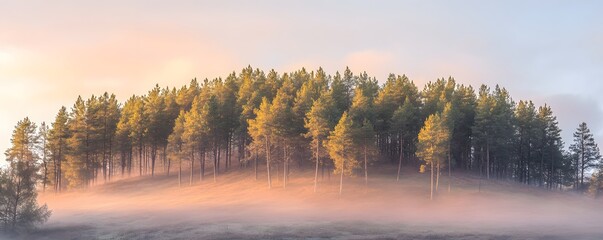 A misty landscape featuring a grove of trees at sunrise