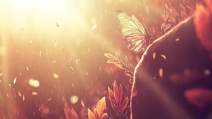 Butterfly Perched Delicately Among Colorful Autumn Leaves in Sunlit Forest Setting