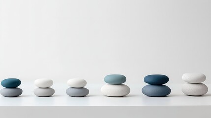 Minimalist Zen Stone Stacks Arranged On White Surface In Neutral Tones