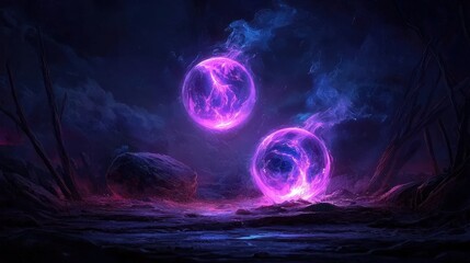 Two glowing purple orbs floating in a dark surreal landscape