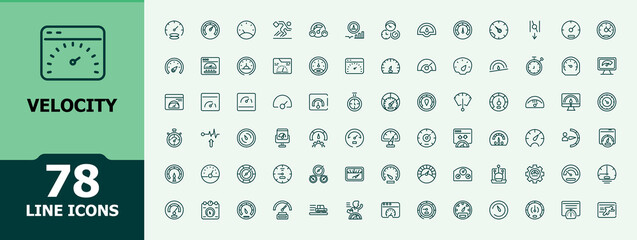 Velocity icon set. Contains related to meter, car, stopwatch, running, wheel, quick, test, performance. Set of line pictogram. Signs for web, mobile app, packaging. Minimalistic icons.