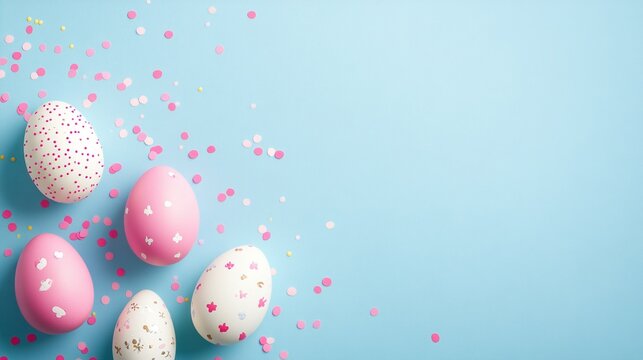 Sparkling confetti, pink and white Easter eggs adorned with festive decorations against a light blue background, perfect for holiday greeting cards, spring themes, and isolated product displays.