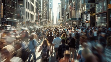 Crowded city street with blurred motion effect. Diverse people walking at street in urban city with blurring background. Urban photography for bustling and dynamic design. Urban lifestyle. AIG51.