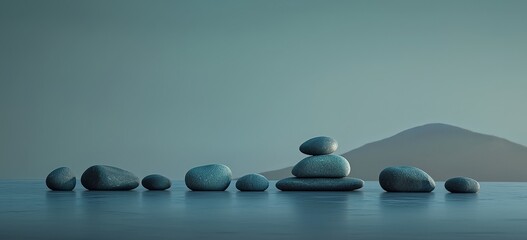 Zen Stone Arrangement With Tranquil Blue Tones Creating A Minimalist And Serene Landscape Scene