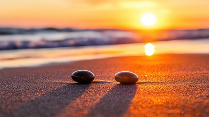 Smooth Pebbles On A Sandy Beach At Sunset With Golden Light Reflections And Soft Shadows
