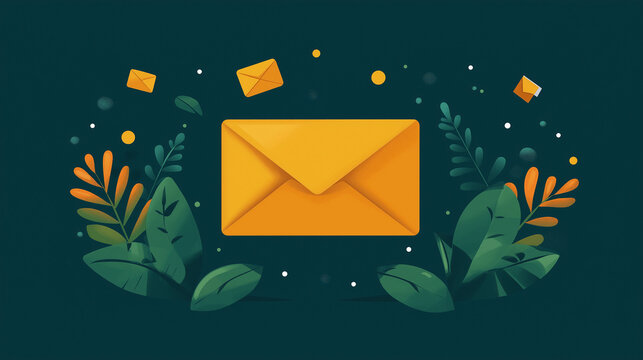 Bright yellow envelope takes center stage amidst lush green leaves and playful elements, symbolizing the joy of sending messages in a lively digital realm