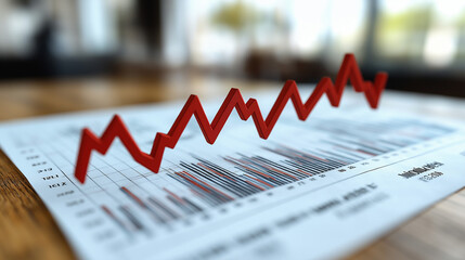 A vibrant red graph rises sharply on paper, capturing attention as rays of late afternoon sunlight filter through office windows. Surrounding details suggest a bustling workspace filled with focus