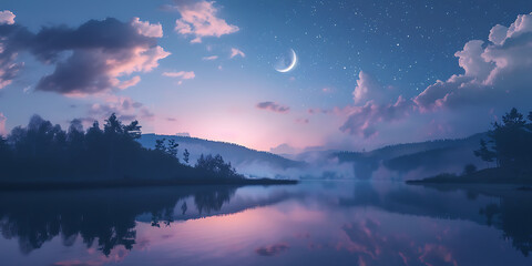 A serene twilight landscape with a crescent moon over reflective water
